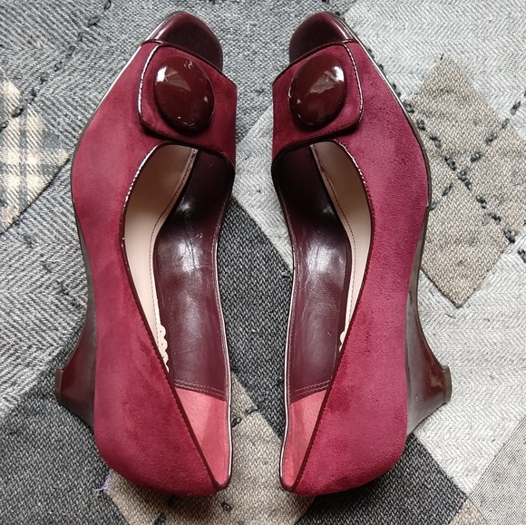 Raspberry Suede Franco Sarto Peep Button Wedge - Picture 2 of 8